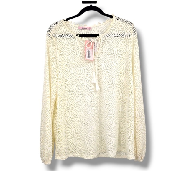 NEW JustFab Lace‎ Top PomPom Trim Long Sleeve Bohemian Blouse Cream Size XL - Picture 1 of 9